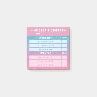 Notas Post-it® Cute Girly Pink Blue Glitter Kids Daily Chores 3x3