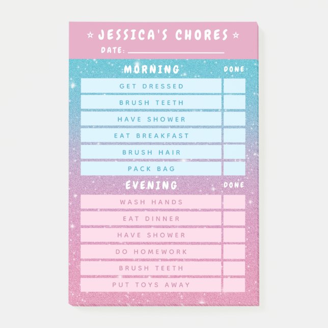 Notas Post-it® Cute Girly Pink Blue Glitter Kids Daily Chores 4x6 (Anverso)