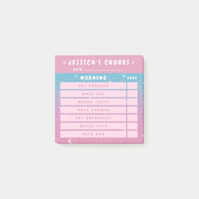 Notas Post-it® Cute Girly Pink Glitter Kids Morning Chores 3x3 (Anverso)