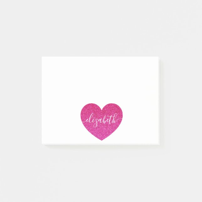 Notas Post-it® Cute Glitter Rosa Corazón Nombre Personalizado Fem (Anverso)
