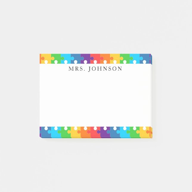 Notas Post-it® Cute Rainbow Jigsaw Puzzle Pieces Teachers Nombre (Anverso)