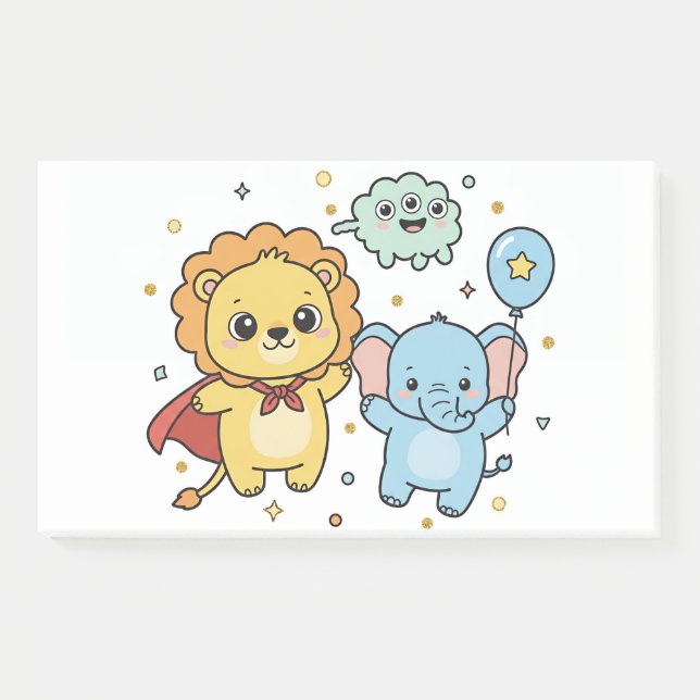 Notas Post-it® Cute Superhero Lion and Elephant Friends Cartoon (Anverso)