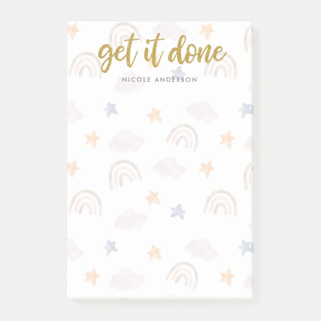 Notas Post-it® Cute Watercolor Pastel Arcoiris Nubes Estrellas (Anverso)