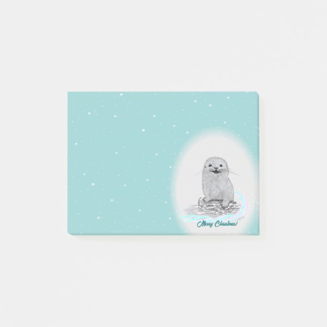 Notas Post-it® Cute White Baby Sea Otter , Merry Christmas (Anverso)