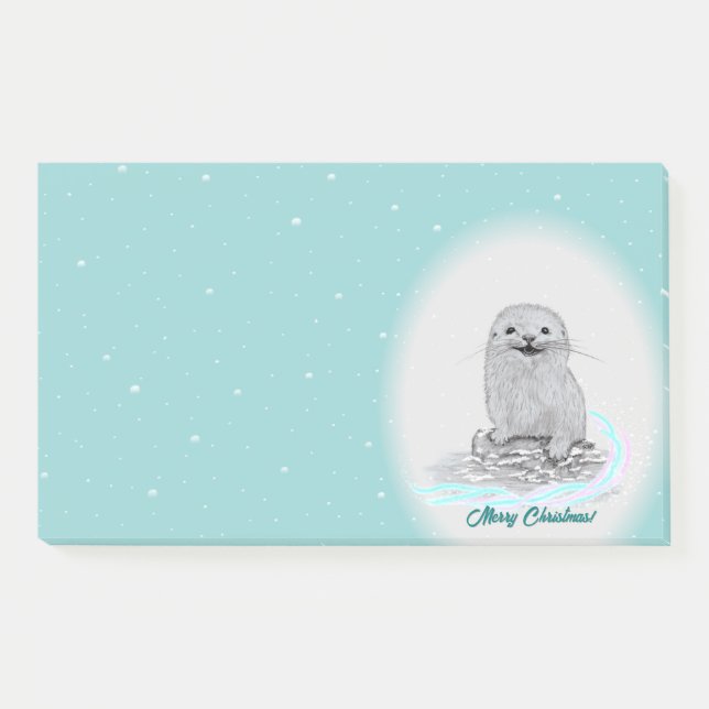 Notas Post-it® Cute White Baby Sea Otter , Merry Christmas (Anverso)