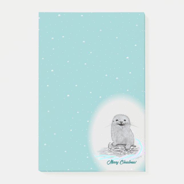 Notas Post-it® Cute White Baby Sea Otter , Merry Christmas (Anverso)