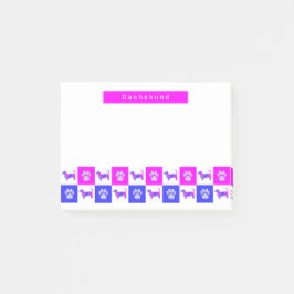 Notas Post-it® Dachshund Silhouette Dog & Paw Hot Pink & Blue