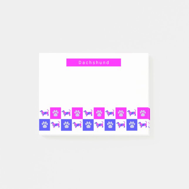 Notas Post-it® Dachshund Silhouette Dog & Paw Hot Pink & Blue (Anverso)