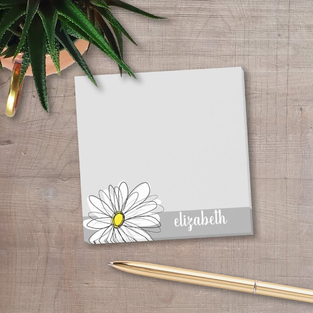 Notas Post-it® Daisy de moda con gris y amarillo (Add your name to these personalized post-it notes with a whimsical daisy drawing.)