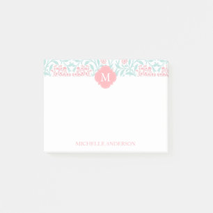 Notas Post-it® Damasco floral con monograma del coral y de la