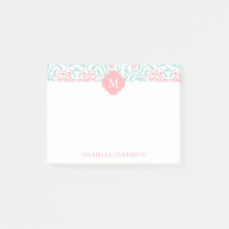 Notas Post-it® Damasco floral con monograma del coral y de la
