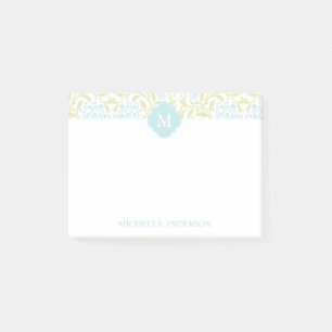 Notas Post-it® Damasco floral de Aqua y Green Monogramado