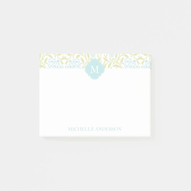 Notas Post-it® Damasco floral de Aqua y Green Monogramado (Anverso)