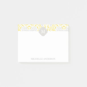 Notas Post-it® Damasco floral gris amarillo con monograma