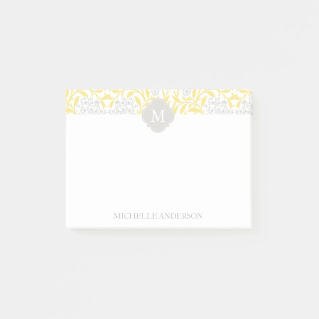 Notas Post-it® Damasco floral gris amarillo con monograma (Anverso)