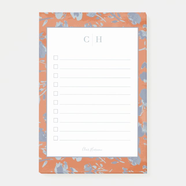 Notas Post-It® de impresión floral azul y Naranja, (Anverso)