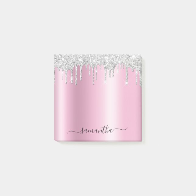 Notas Post-it® Destellos de plata que gotean brillo rosa (Anverso)