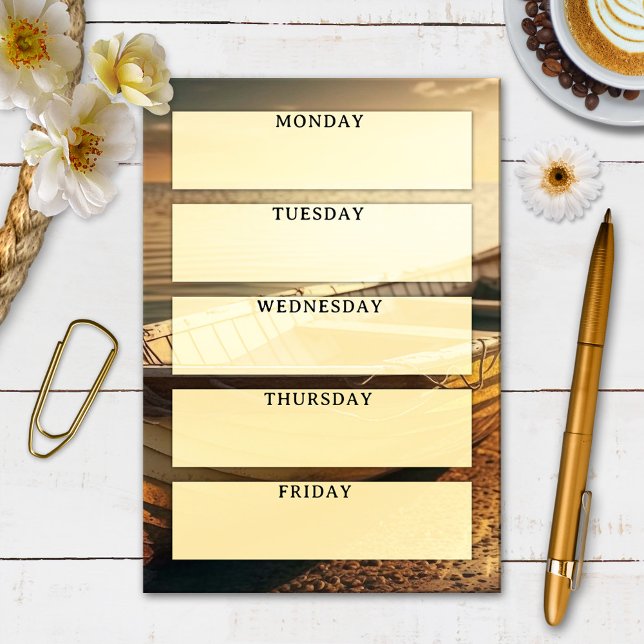 Notas Post-it® Días de la semana Amarillo soleado (Post it notes showing an image of a rowing boat with 5 text field overlays for each day of the week)