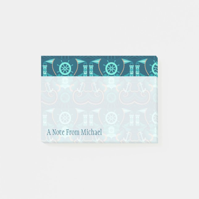 Notas Post-it® Diseño azul náutico| Agregar su nombre (Anverso)