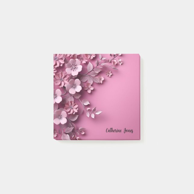 Notas Post-it® Diseño floral rosa bonito en fondo rosado (Anverso)