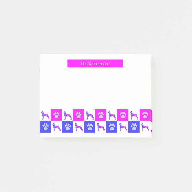 Notas Post-it® Doberman Pinscher Dog & Paw Hot Pink & Blue (Anverso)