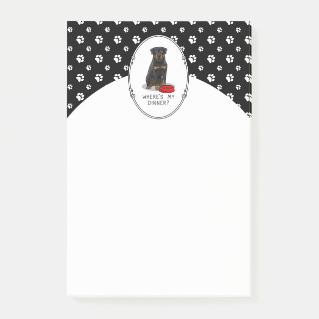Notas Post-it® ¿Dónde está mi cena? Rottweiler con plato de perro (Anverso)