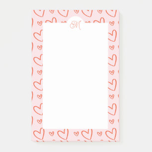 Notas Post-it® Doodles cardíacos en rosa y rojo con nombre inicia