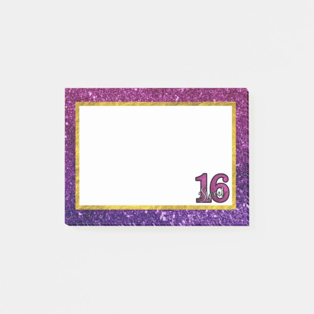 Notas Post-it® Dulce rosado y morado 16 Gemas Purpurinas espumoso (Anverso)
