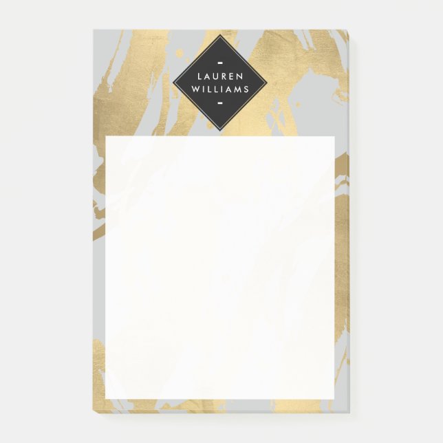 Notas Post-it® Edgy Faux Gold Brushstrots on Grey (Anverso)