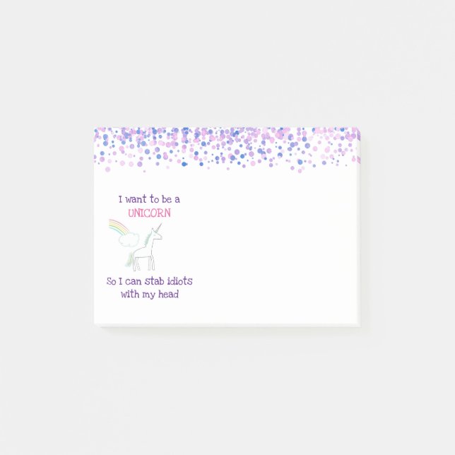 Notas Post-it® Edgy Unicorn con arcoiris y confetti graciosos (Anverso)