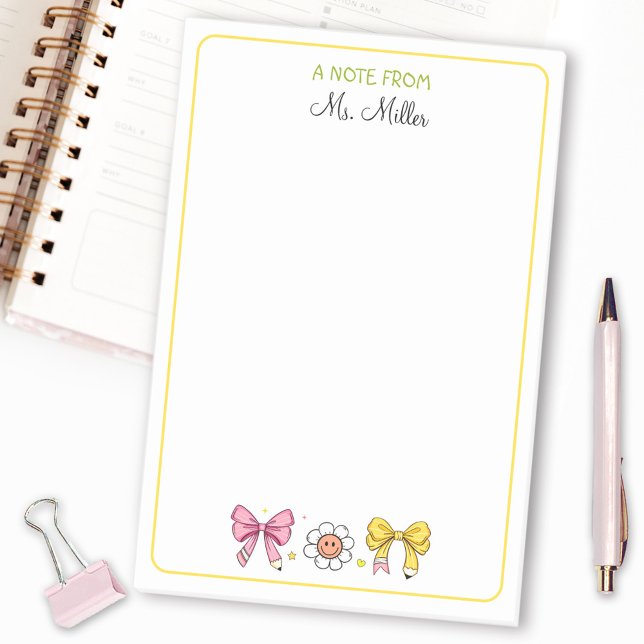 Notas Post-it® El profesor vuelve al colegio con un lápiz rosa (Teacher Back To School Cute Bow Pencil Pink Name Post-it Notes)