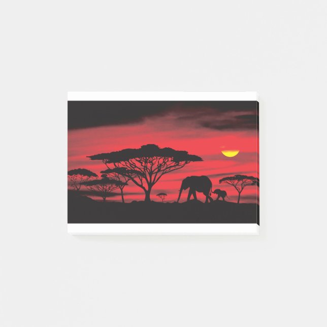 Notas Post-it® Elefante africano y bebé con atardecer rojo (Anverso)