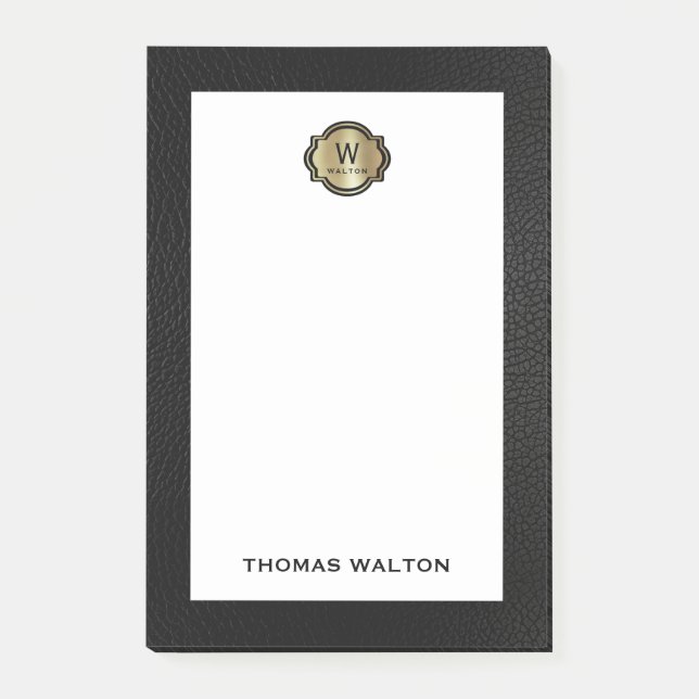 Notas Post-it® Elegant Gold Monogram Black Leather Look (Anverso)