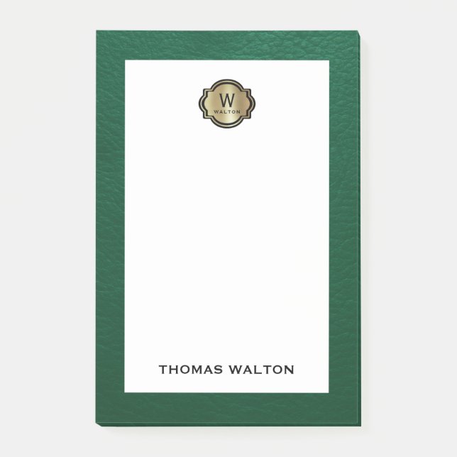 Notas Post-it® Elegant Gold Monogram Emerald Green Leather Look (Anverso)