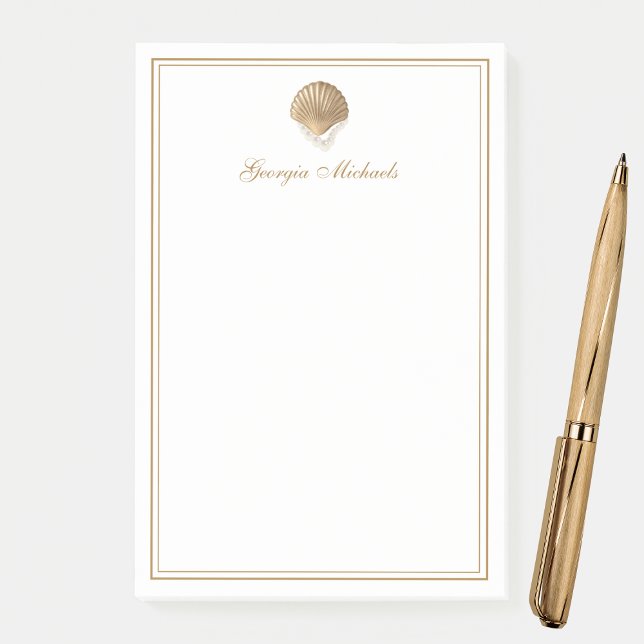 Notas Post-it® Elegant Gold Seashell & Pearls Custom Name Coastal (Subido por el creador)