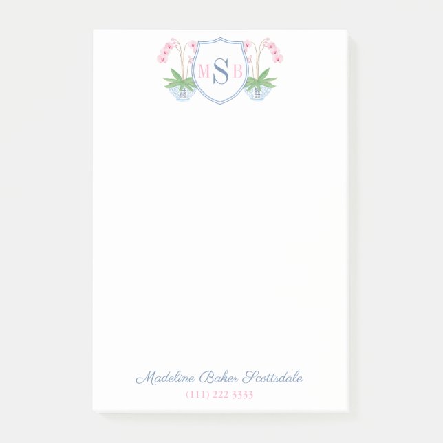 Notas Post-it® Elegante acuarela Orquídea Rosa Azul Monograma (Anverso)