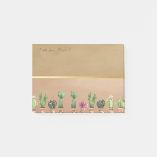 Notas Post-it® Elegante Chic Franja Dorada,Cactus Acuarela (Anverso)
