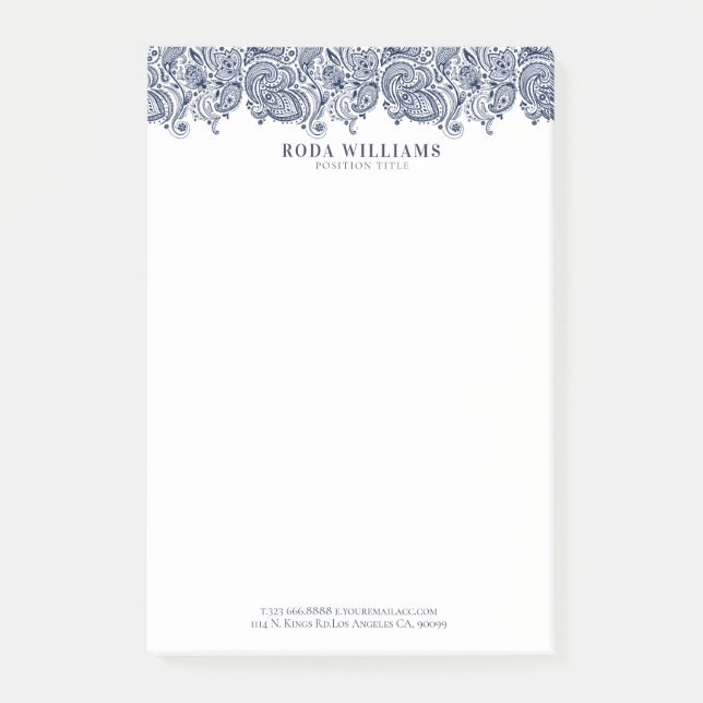 Notas Post-it® Elegante encaje paisajístico floral azul marino (Anverso)