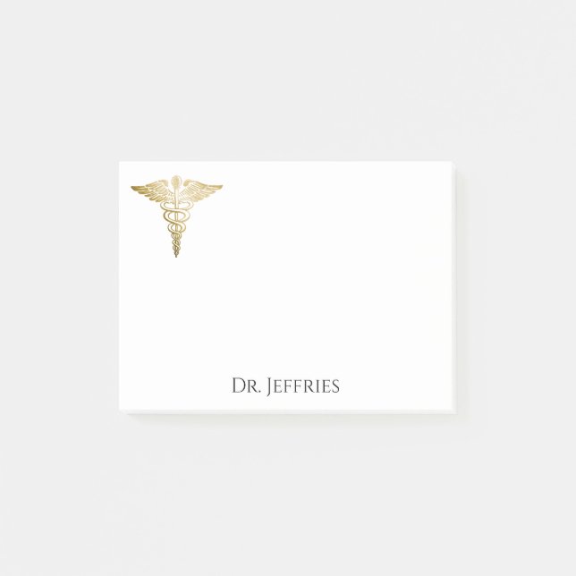 Notas Post-it® Elegante Médica Gold Caduceus Monograma Nombre 4x3 (Anverso)