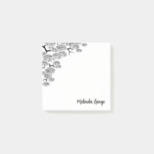 Notas Post-it® Elegante Moda Rama Botánica de Pino Blanco Negro