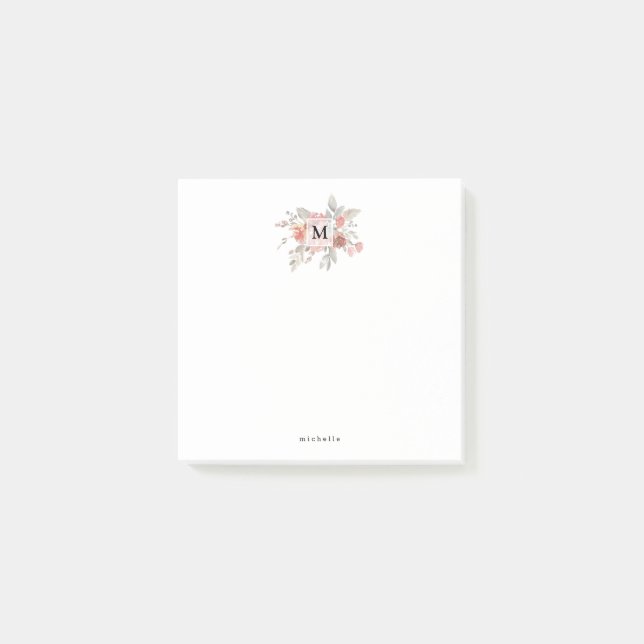 Notas Post-it® Elegante Monograma Floral Rosa Rubor (Anverso)