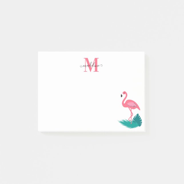 Notas Post-it® Elegante Monograma Hojas Tropicales Flamingo Rosa  (Anverso)