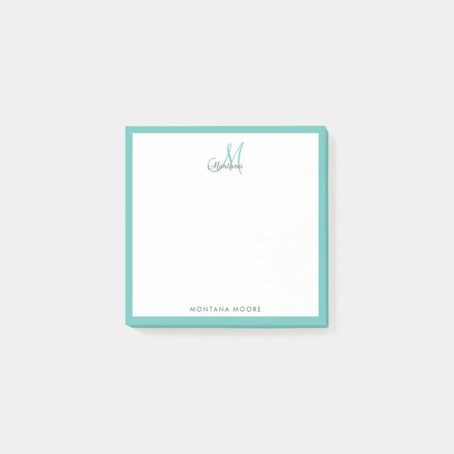 Notas Post-it® Elegante Monograma Moderno Simple Girly Verde azul (Anverso)
