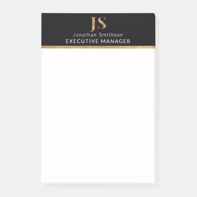 Notas Post-it® Elegante Monograma personalizado negro y oro (Anverso)