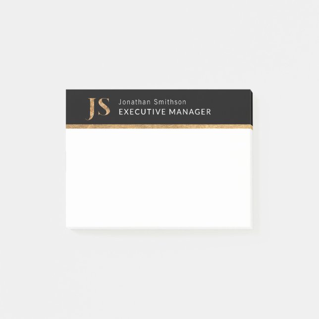 Notas Post-it® Elegante Monograma personalizado negro y oro (Anverso)
