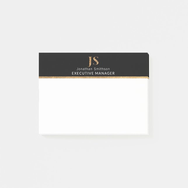Notas Post-it® Elegante Monograma personalizado negro y oro (Anverso)