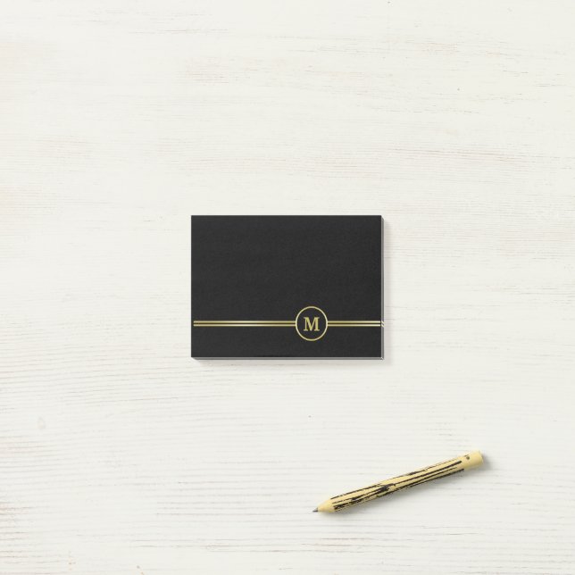 Notas Post-it® Elegante oro Monograma personalizado sobre negro (Escritorio)