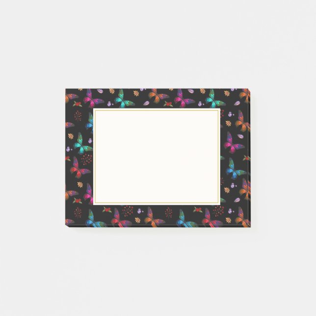 Notas Post-it® Elegantes mariposas coloridas sobre negro (Anverso)
