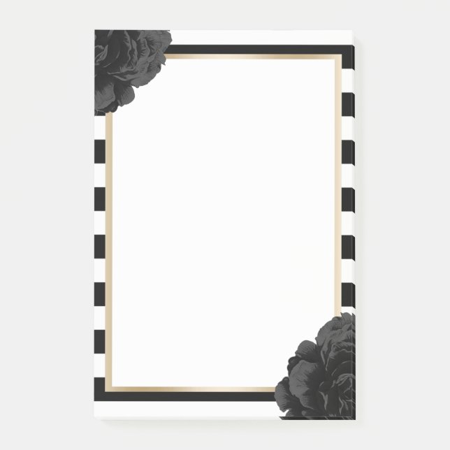 Notas Post-it® Elegantes rayas negras, florales, modernas, negras (Anverso)