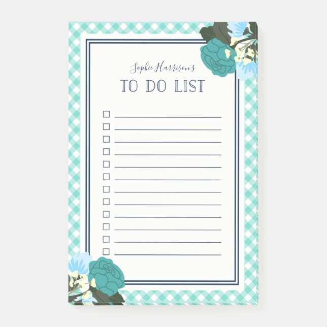 Notas Post-it® Elegantes Rosas Verde azulados Floral Gingham A Ha (Anverso)